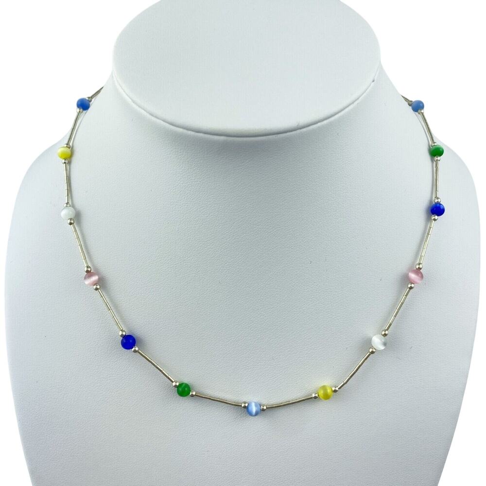 Vintage Sterling Silver 925 Multicolor Cat’s Eye Bead Necklace 15.75”